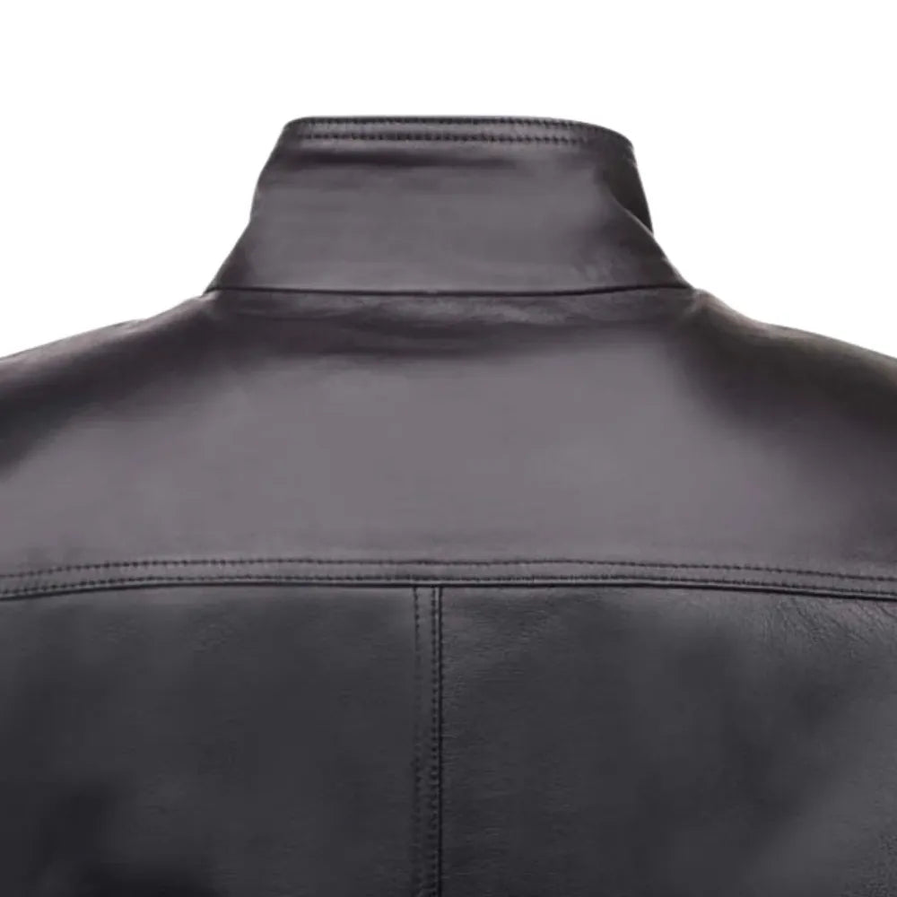 Black Leather Jacket with Straight Ribbed Collar rear view leather jacket