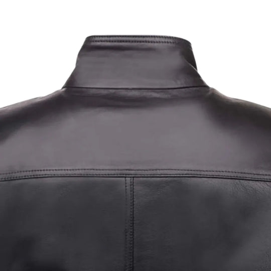 Black Leather Jacket with Straight Ribbed Collar rear view leather jacket