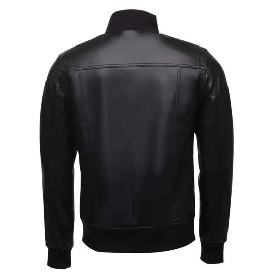 Black Leather Jacket with Straight Ribbed Collar back profile leather jacket
