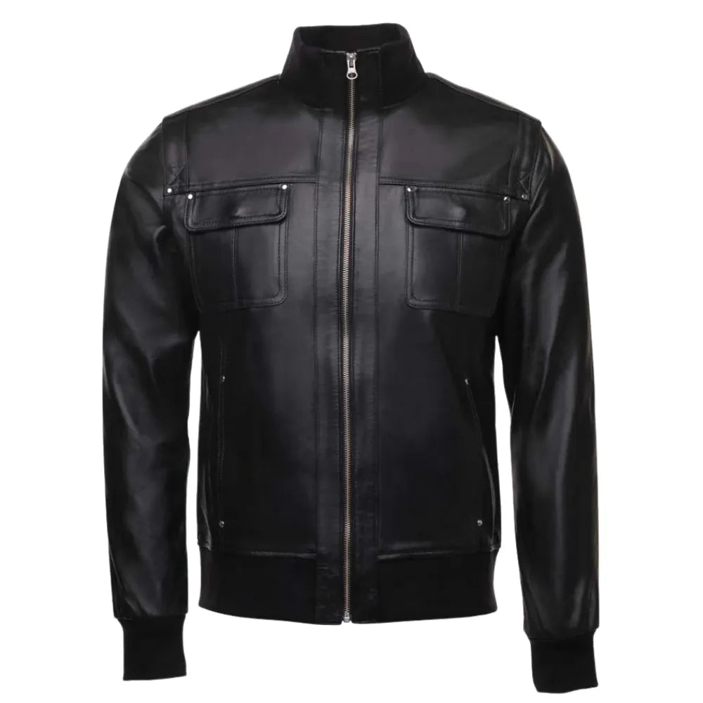 Black Leather Jacket with Straight Ribbed Collar front view black leather jacket with ribbed collar