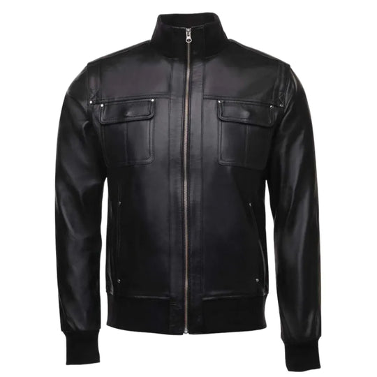 Black Leather Jacket with Straight Ribbed Collar front view black leather jacket with ribbed collar