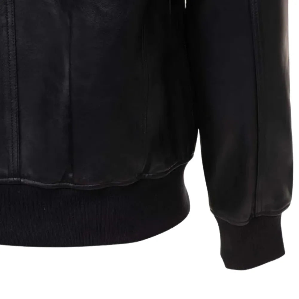 Black Leather Jacket with Straight Ribbed Collar sleeve detail leather cuff