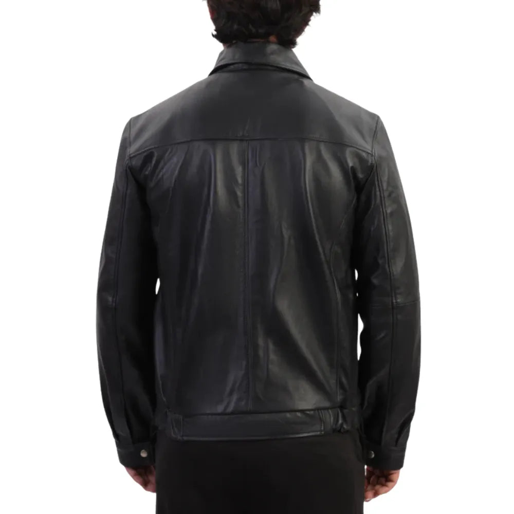 Bomber Leather Jacket with Spread Collars back view black leather bomber jacket