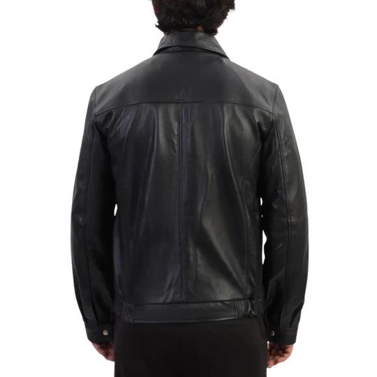 Bomber Leather Jacket with Spread Collars back view black leather bomber jacket