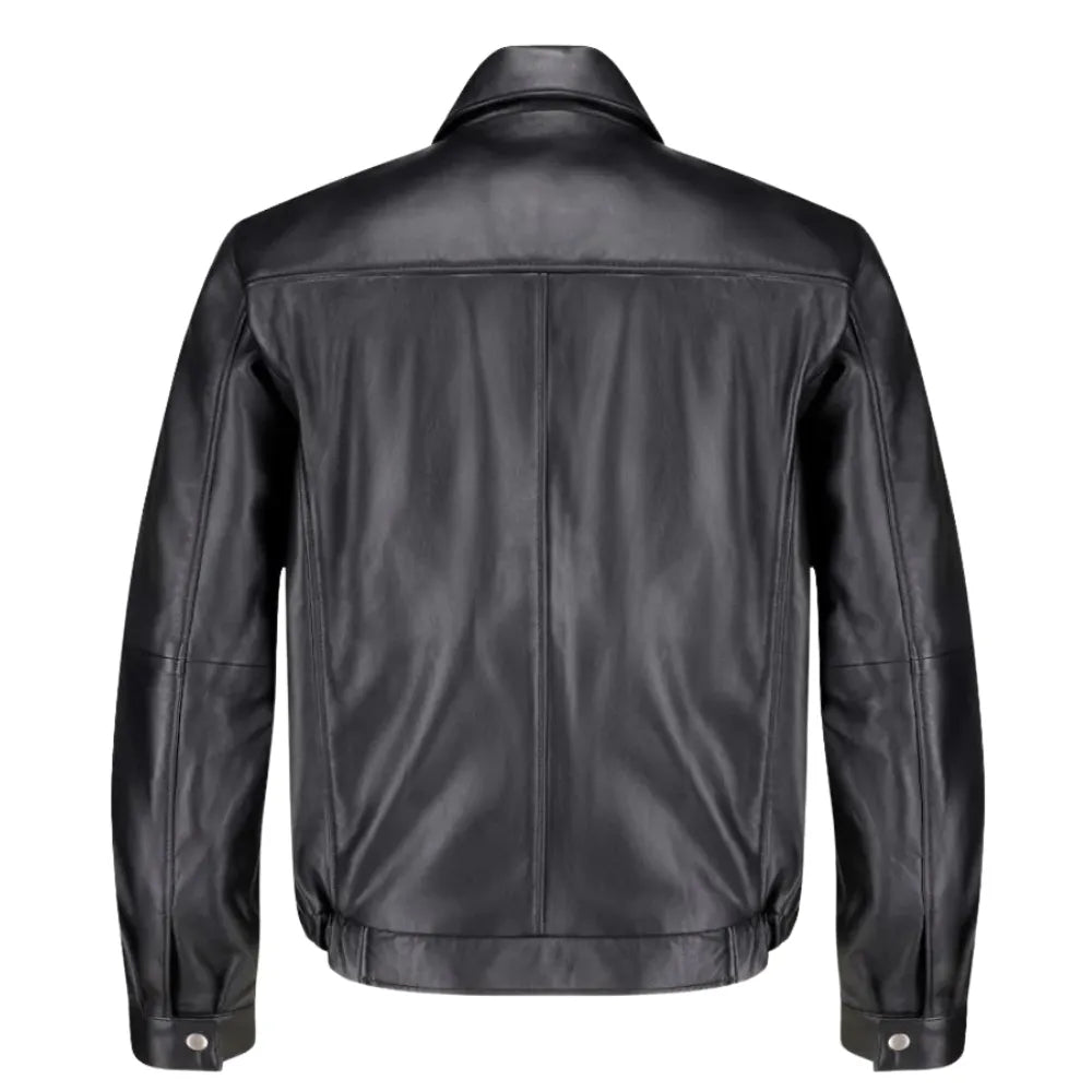 Bomber Leather Jacket with Spread Collars back profile classic black leather jacket