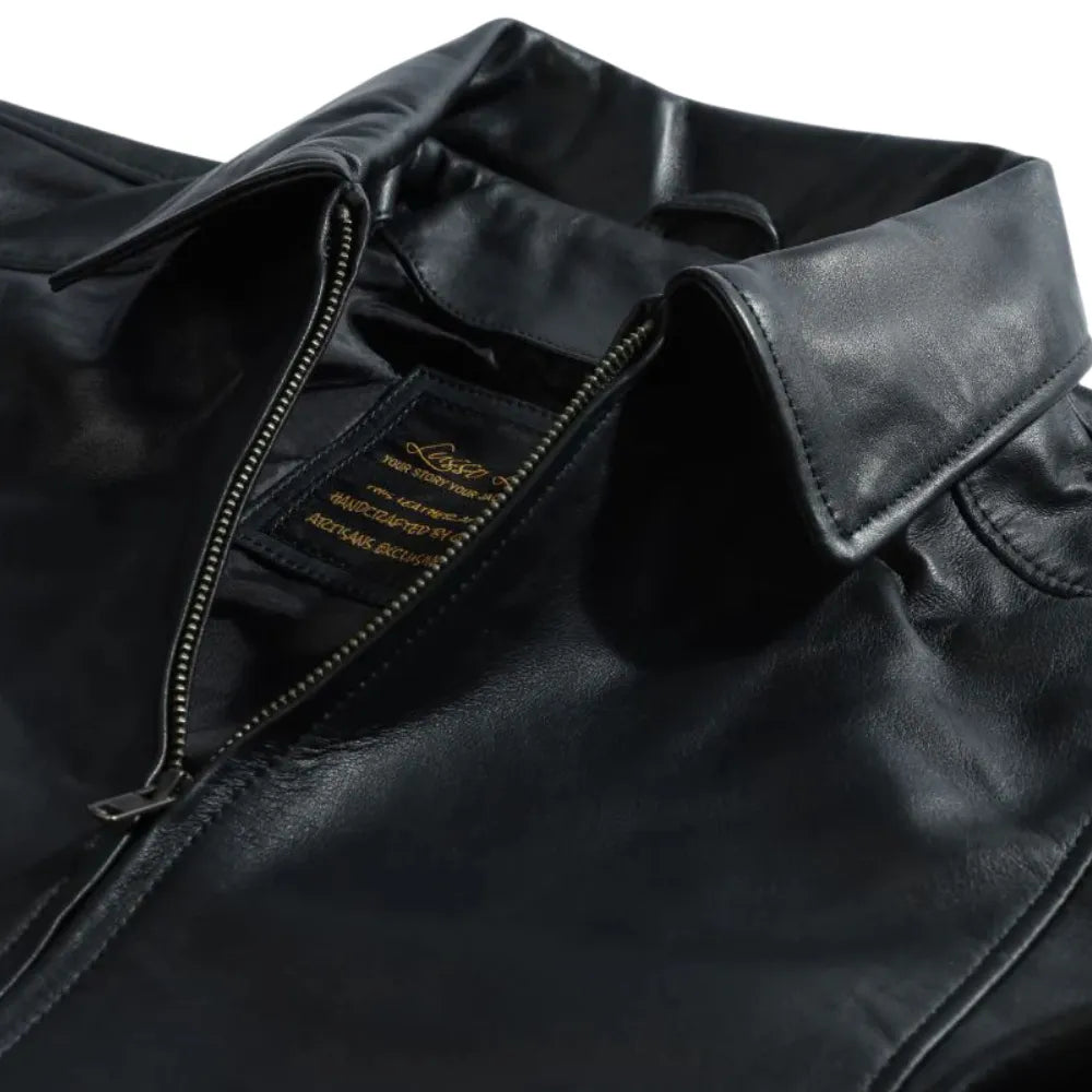 Bomber Leather Jacket with Spread Collars close up of wide spread collar on leather jacket