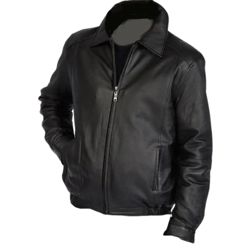 Bomber Leather Jacket with Spread Collars front view black leather bomber jacket with wide collar