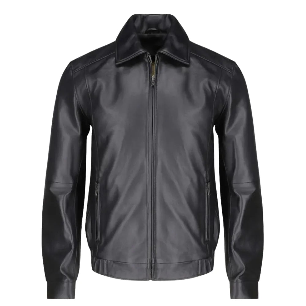 Bomber Leather Jacket with Spread Collars front angle leather bomber jacket with spread collar