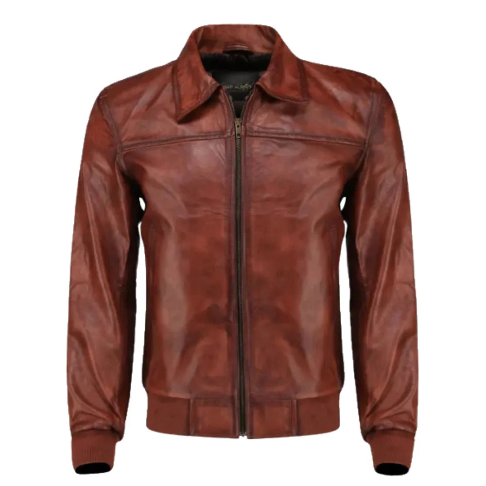 Boyd's Rust Leather Jacket with Ribbed Cuffs front view rust leather jacket with ribbed cuffs and waistband