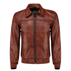 Boyd's Rust Leather Jacket with Ribbed Cuffs front view rust leather jacket with ribbed cuffs and waistband