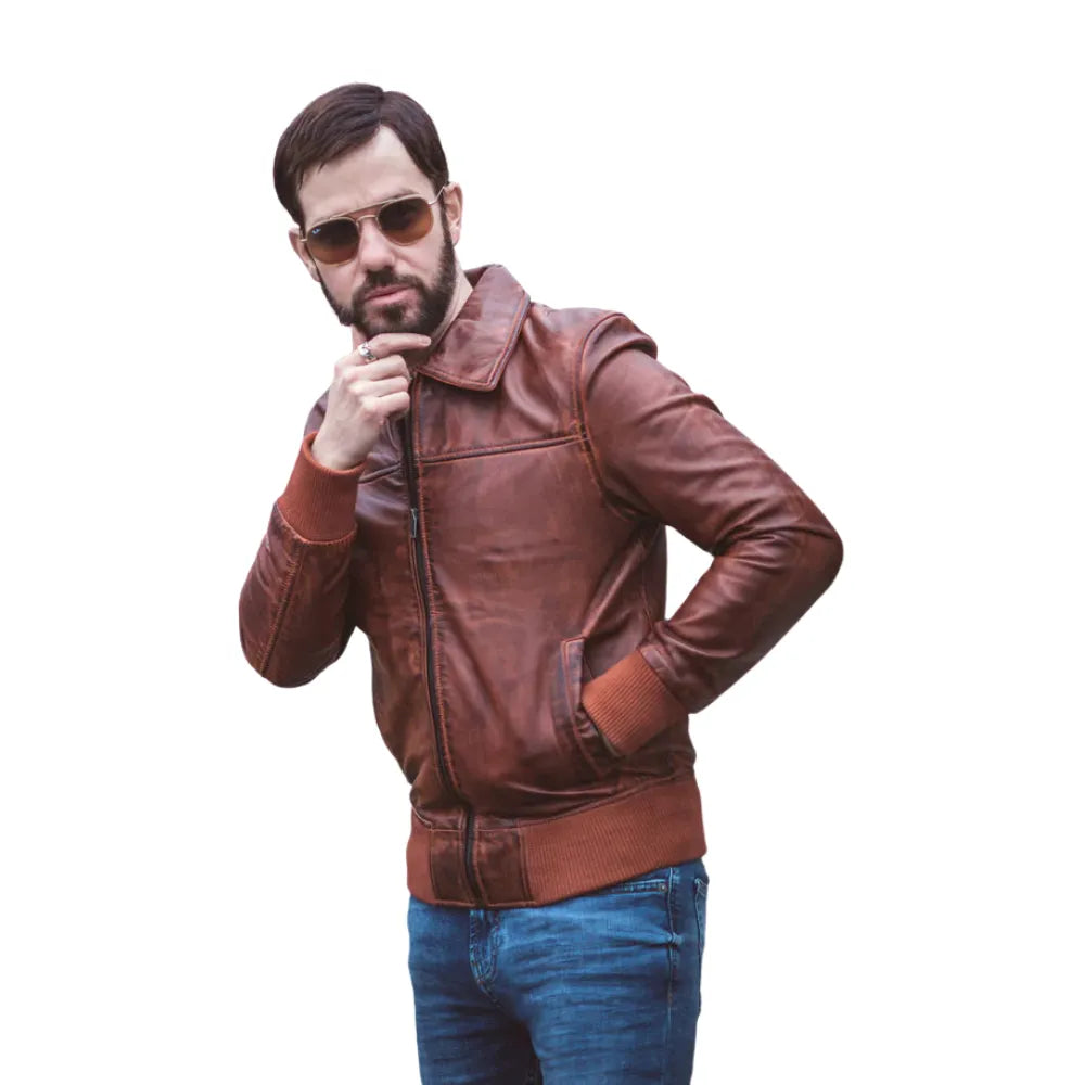 Model wearing Boyd's Rust Leather Jacket with Ribbed Cuffs rust leather jacket outfit