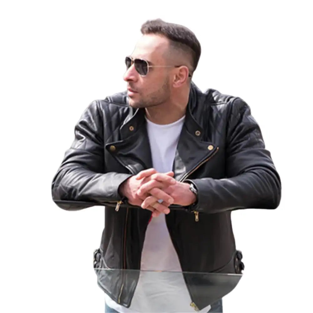 Model wearing Brandford's Quilted Leather Biker Jacket, displaying its perfect fit and timeless biker style.