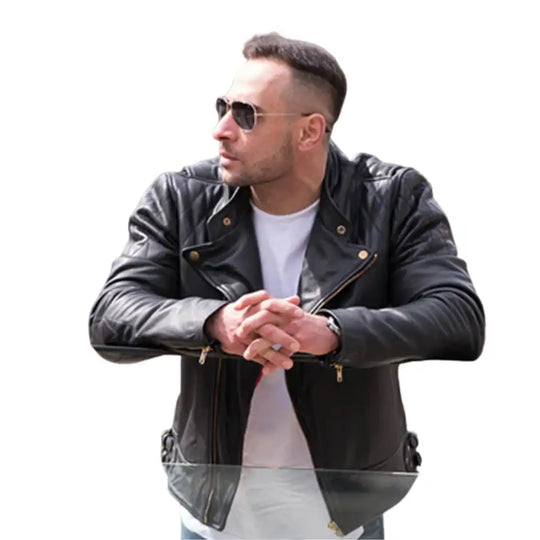 Model wearing Brandford's Quilted Leather Biker Jacket, displaying its perfect fit and timeless biker style.