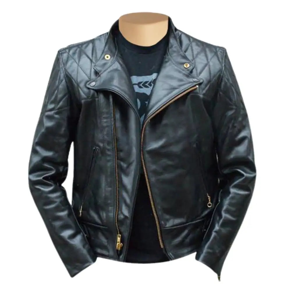 Front view of Brandford's Quilted Leather Biker Jacket showcasing its sleek design and quilted detailing.