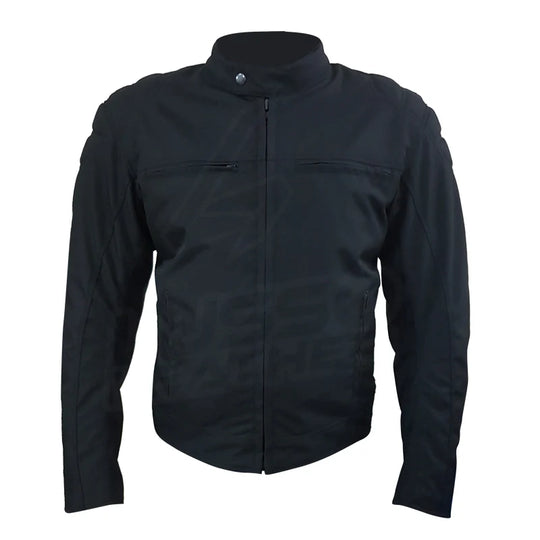 Front view of a technical leather motorcycle jacket featuring a waterproof matte finish, integrated chest vents, and a high-neck storm closure.