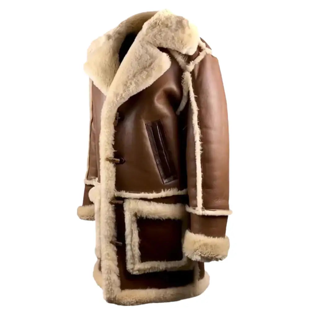 Brown shearling overcoat side view with beige fur lining on a white background