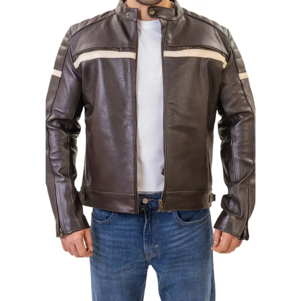 A model wearing the brown padded leather jacket, showcasing the slim, tailored fit and the warm, weathered patina of the leather.
