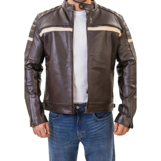 A model wearing the brown padded leather jacket, showcasing the slim, tailored fit and the warm, weathered patina of the leather.