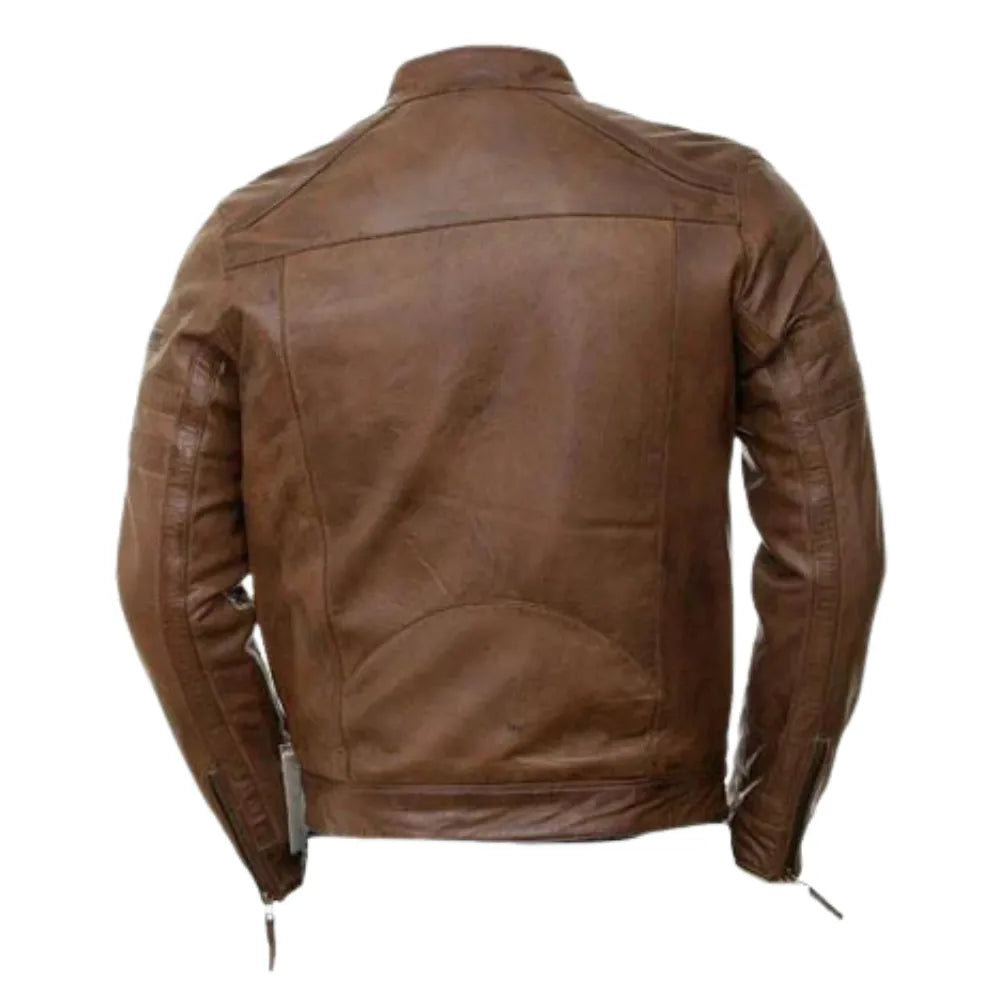 Brown Moto Style Jacket with Patterns back view brown leather jacket with patterned design