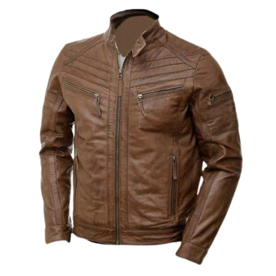 Brown Moto Style Jacket with Patterns front view brown leather moto jacket with stitched patterns