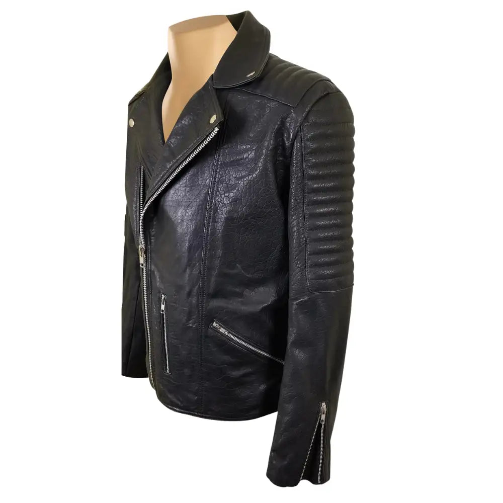 Side view of Bubble Textured Leather Biker Jacket showing tailored biker cut