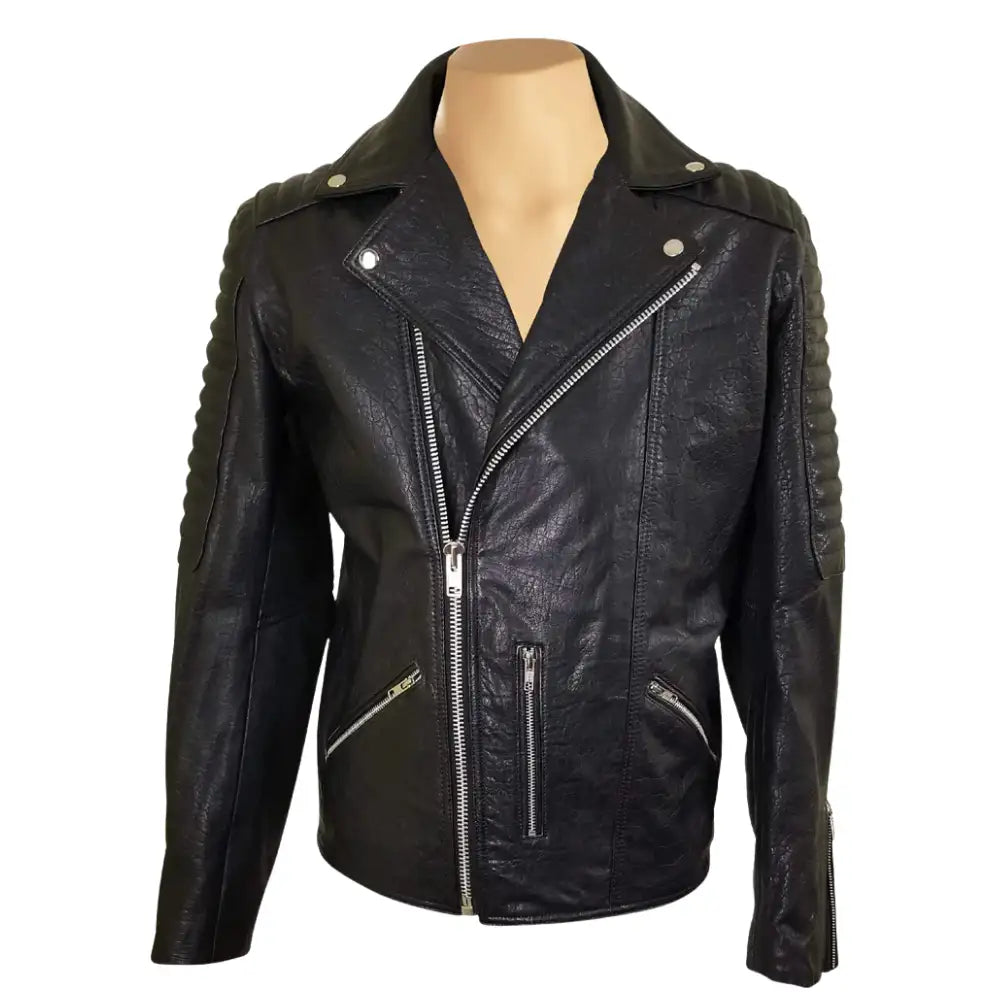 Front view of Bubble Textured Leather Biker Jacket with asymmetrical zip closure