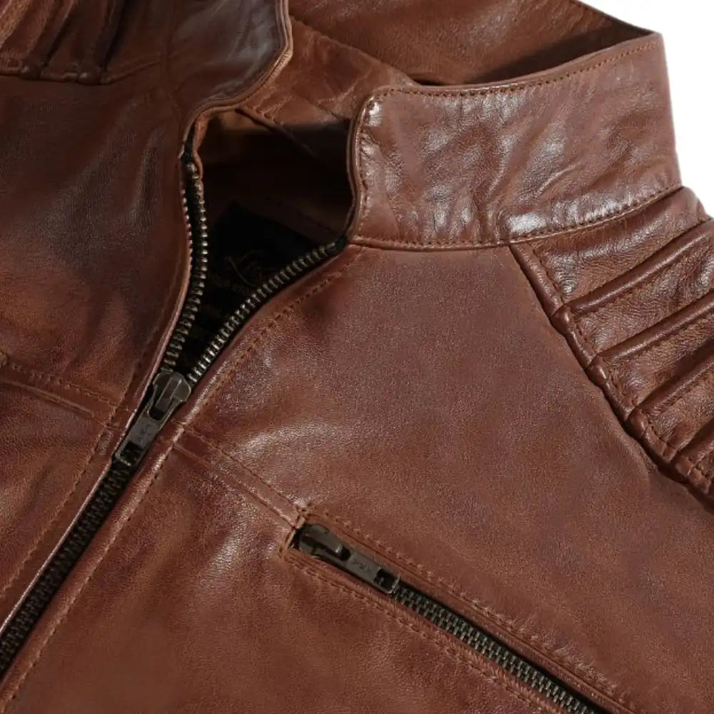 Cafe Racer Distressed Jacket with Piping close up band collar with snap