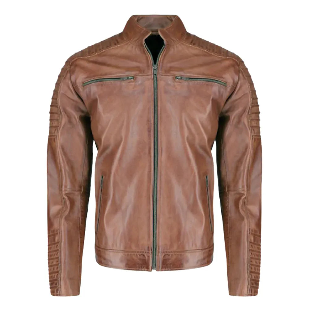Cafe Racer Distressed Jacket with Piping front view distressed leather cafe racer jacket with contrast piping
