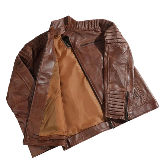 Cafe Racer Distressed Jacket with Piping close up worn leather finish