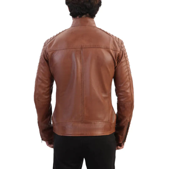 Model wearing Cafe Racer Distressed Jacket with Piping back view leather jacket