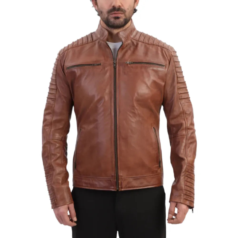 Model styling Cafe Racer Distressed Jacket with Piping distressed leather jacket look