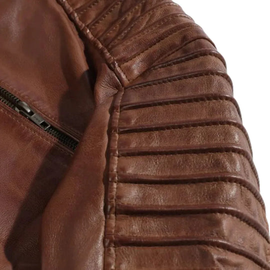 Cafe Racer Distressed Jacket with Piping close up contrast piping detail on leather jacket