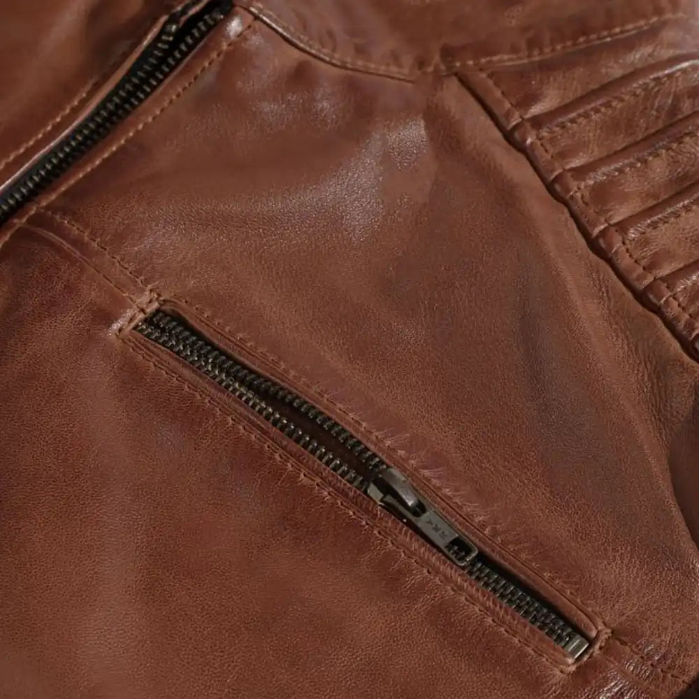 Cafe Racer Distressed Jacket with Piping close up zipper distressed leather jacket