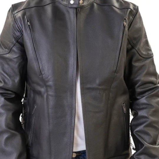 Detailed closeup shot of the oxidized black hardware and the precision-engineered zippers that blend seamlessly into the jacket's dark aesthetic.