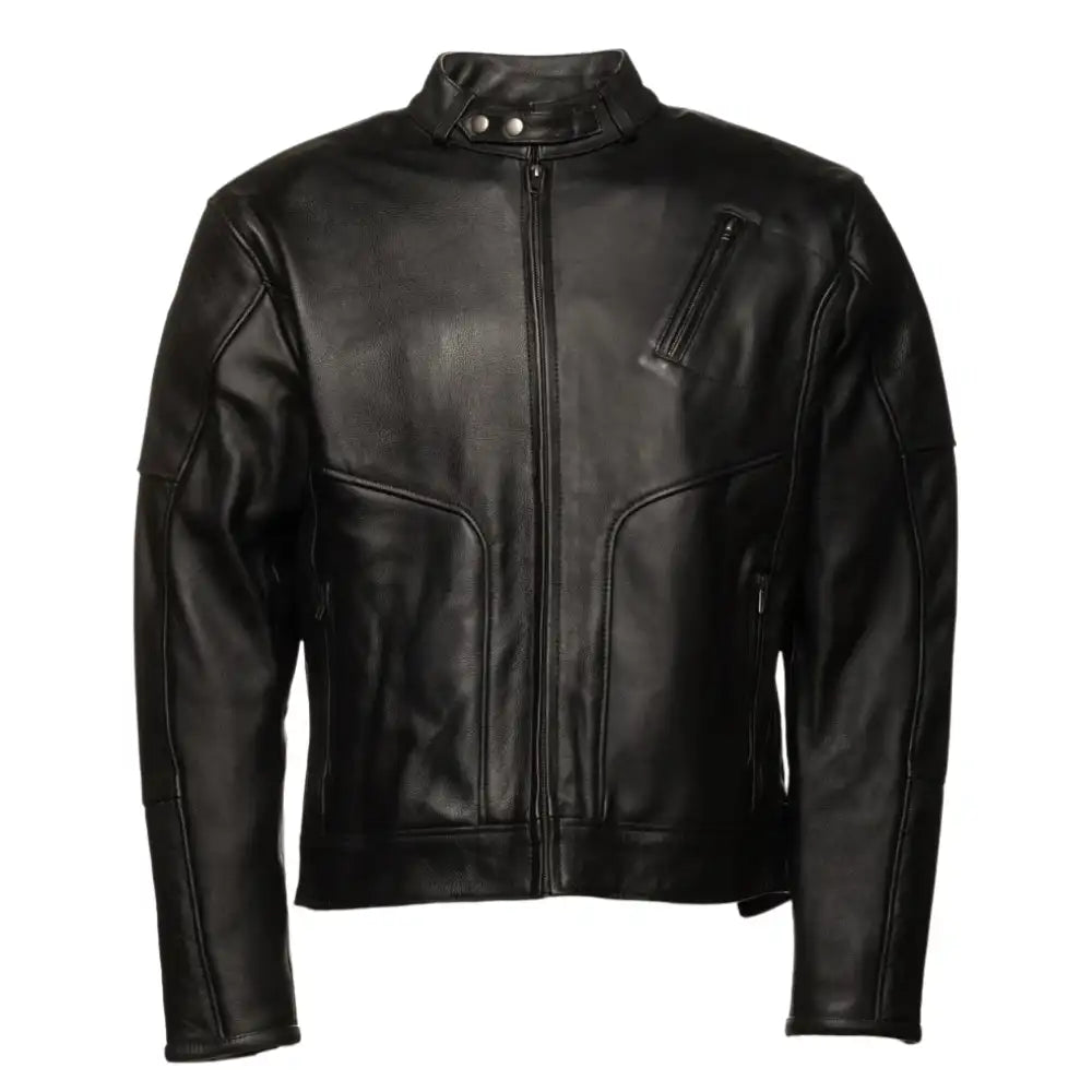 Front view of the Carson black cafe racer jacket, showcasing a sleek, minimalist design with a clean-cut bodice and a classic snap-tab collar.