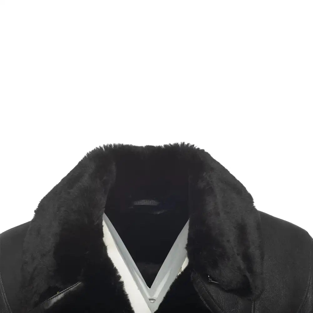 Closeup of collar on Carters Black Leather Biker Shearling Jacket