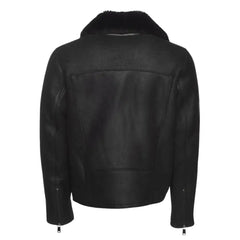 Rear profile of Carters Black Leather Biker Shearling Jacket highlighting structured biker design
