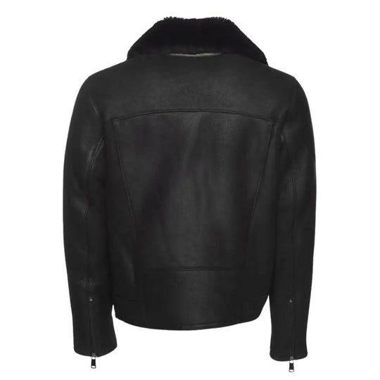 Rear profile of Carters Black Leather Biker Shearling Jacket highlighting structured biker design