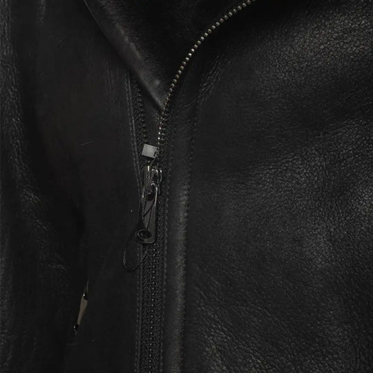Closeup of zipper hardware on Carters Black Leather Biker Shearling Jacket