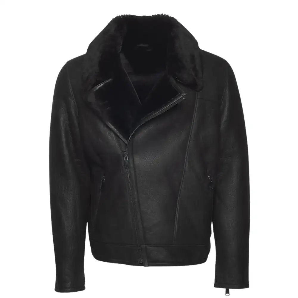 Front view of Carters Black Leather Biker Shearling Jacket with classic asymmetrical zipper
