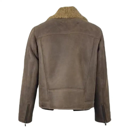 Back view of Carter's Brown Shearling Leather Biker Jacket highlighting smooth leather panels