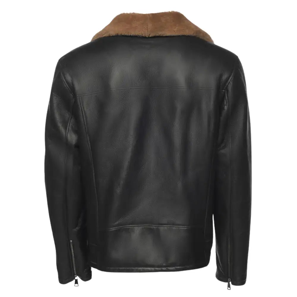 Back view of the Carters ginger brown leather biker shearling jacket, showcasing its vintage look and shearling accents.