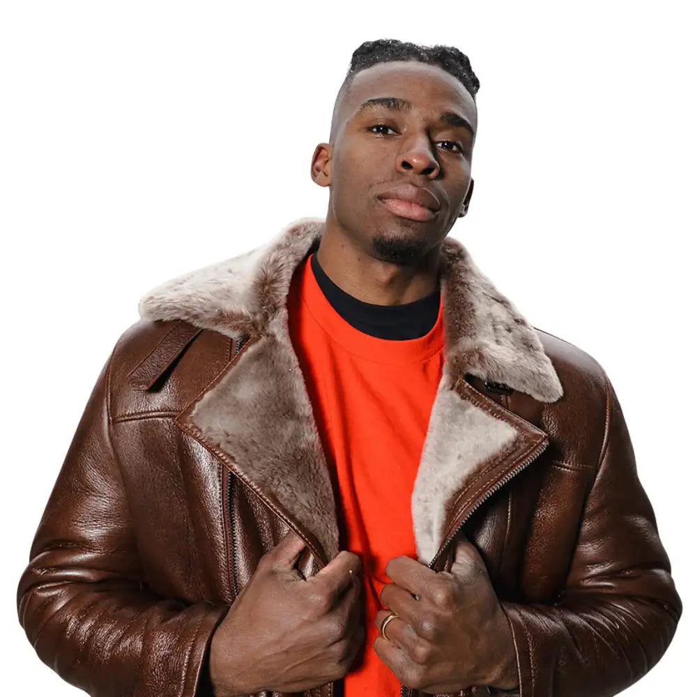 Street-style model view of Carters Mateo shearling leather biker jacket