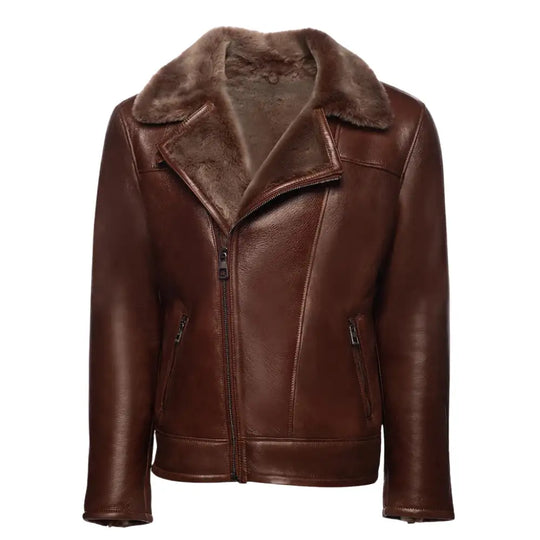 Carters Mateo brown shearling leather biker jacket shown from the front