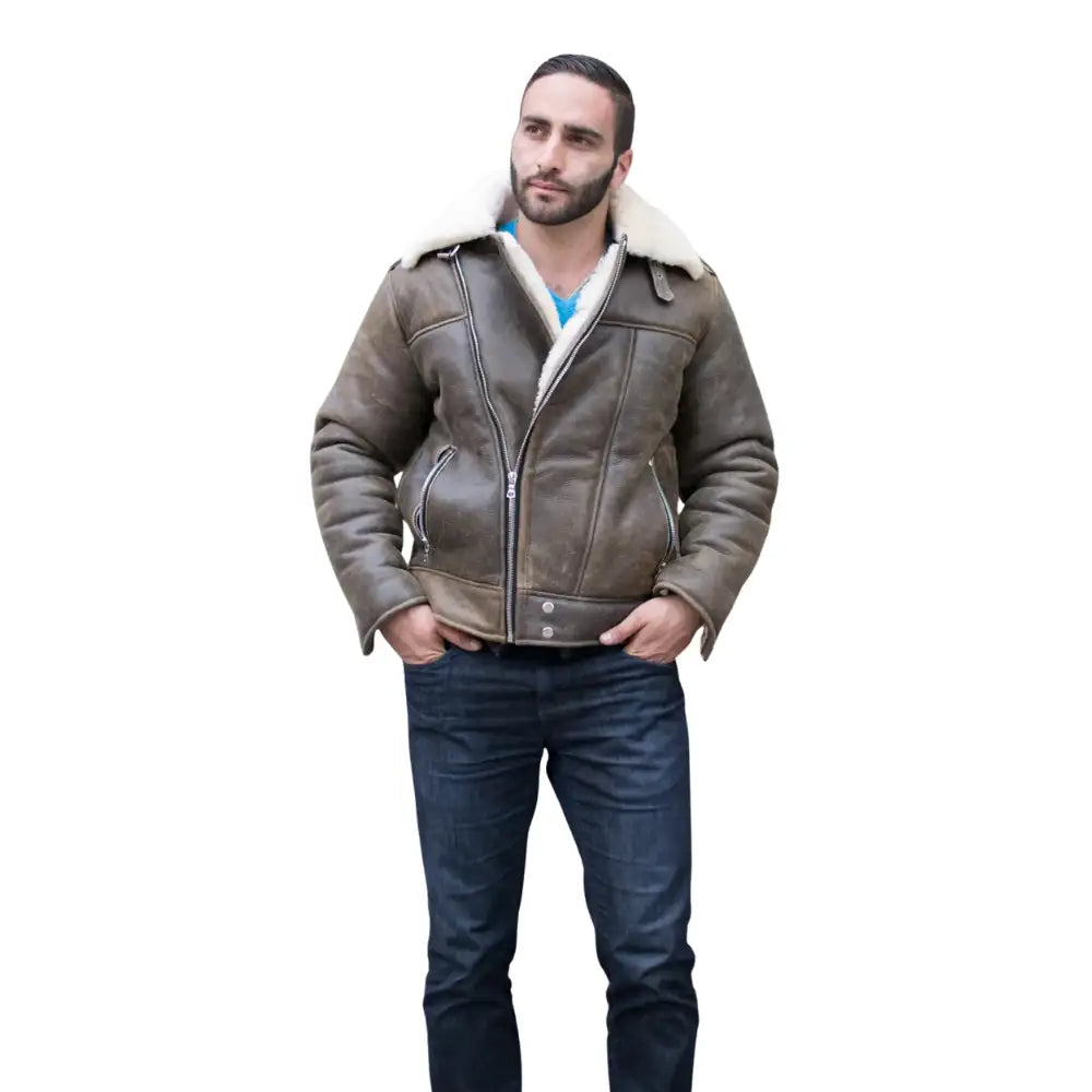 Model wearing Carter's Distressed Leather Biker Bomber Jacket vintage leather jacket outfit