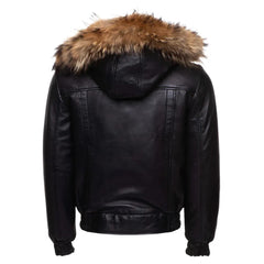 Castillos Bomber Winter Leather Jacket with Real Fox Fur Hoodie back view leather bomber jacket with fur hood
