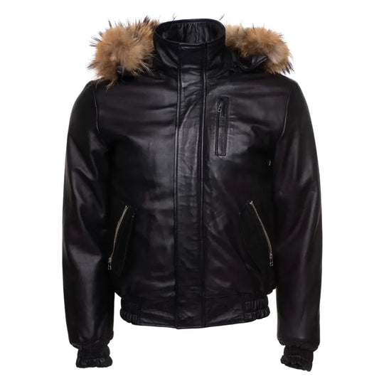 Castillos Bomber Winter Leather Jacket with Real Fox Fur Hoodie front angle winter leather jacket with fur lined hood
