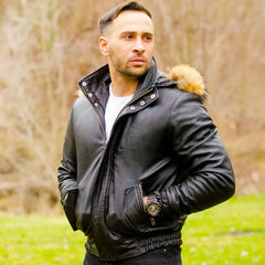 Model wearing Castillos Bomber Winter Leather Jacket with Real Fox Fur Hoodie winter leather outfit