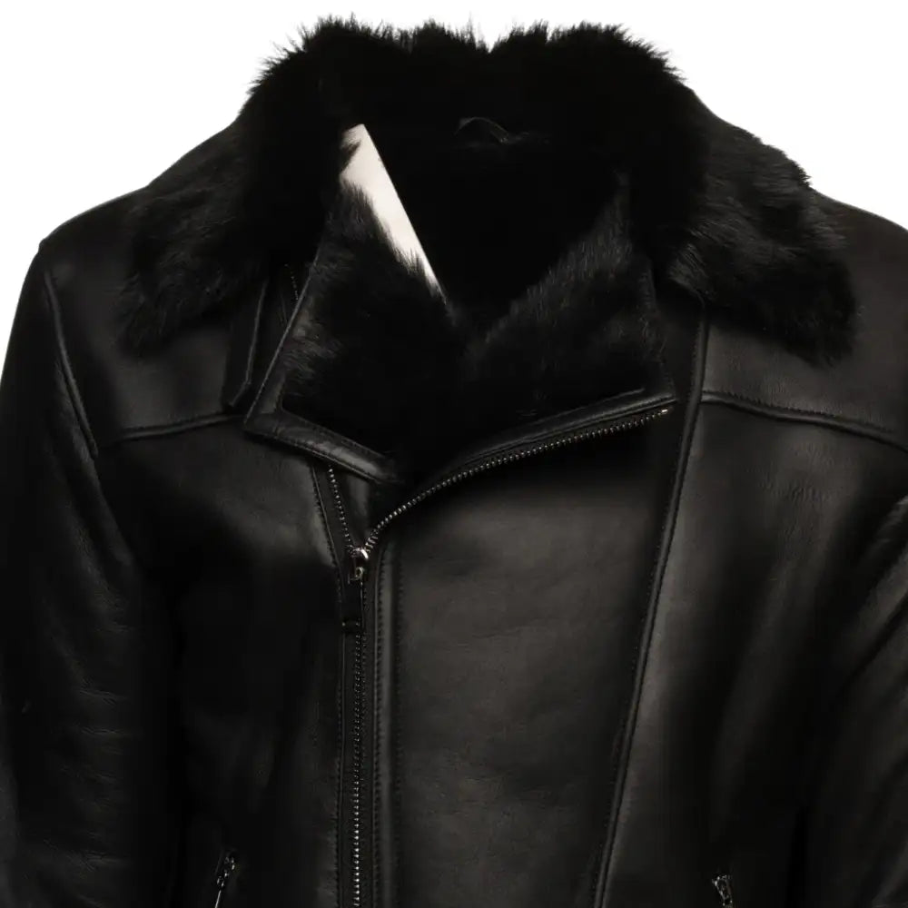 Close stitching and pocket detail on Cater's Toscana Shearling Leather Biker Jacket