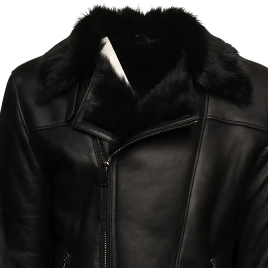 Close stitching and pocket detail on Cater's Toscana Shearling Leather Biker Jacket
